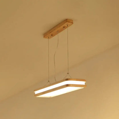 Decorbites™ rectangular wood island pendant light with warm white natural led strips and beige wood frame for dining room
