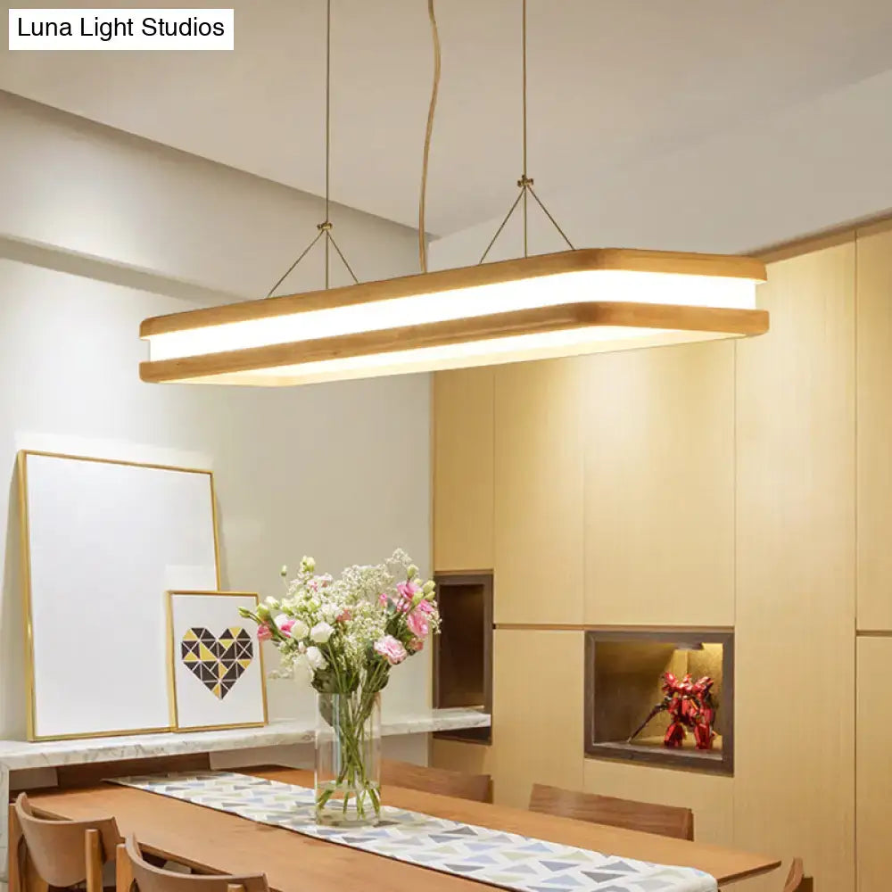 Modern rectangular pendant light with warm white natural wood frame and white natural third led for dining room use