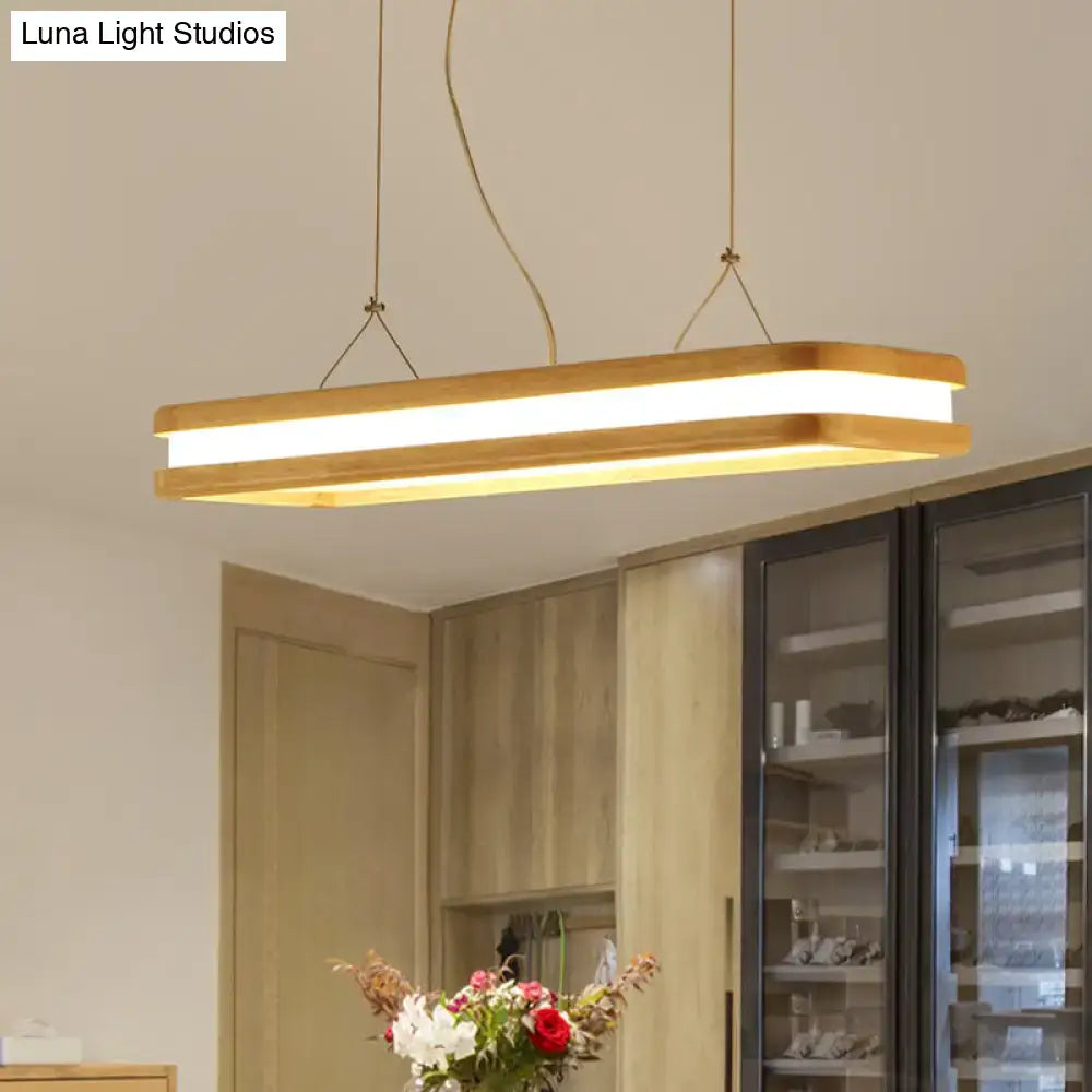 Decorbites™ rectangular wood island pendant light with warm white natural led strip and beige wood finish frame