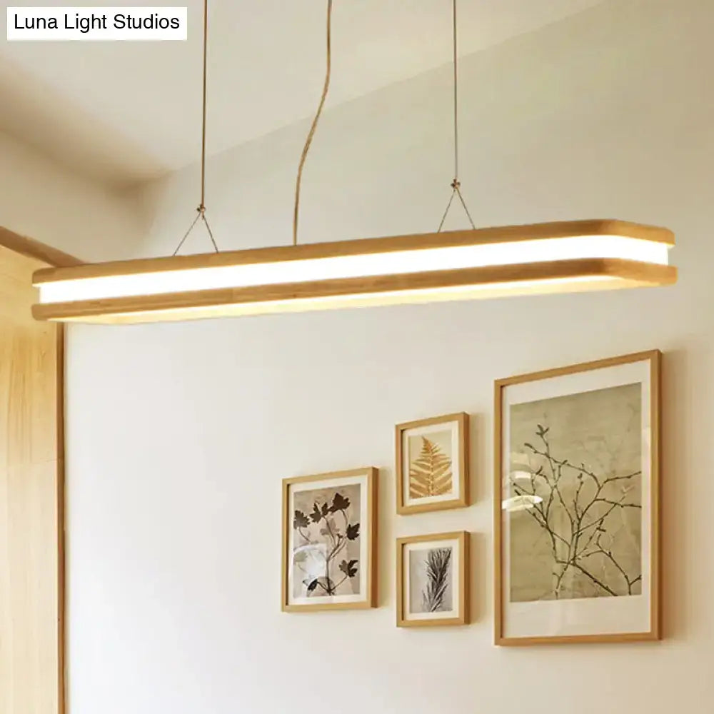 Decorbites™ rectangular wood island pendant light with warm white natural led strip and beige wooden frame for dining room