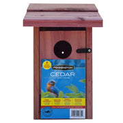 DecorBites™ red cedar bluebird house with circular entrance hole, black latch, and blue pennington cedar label