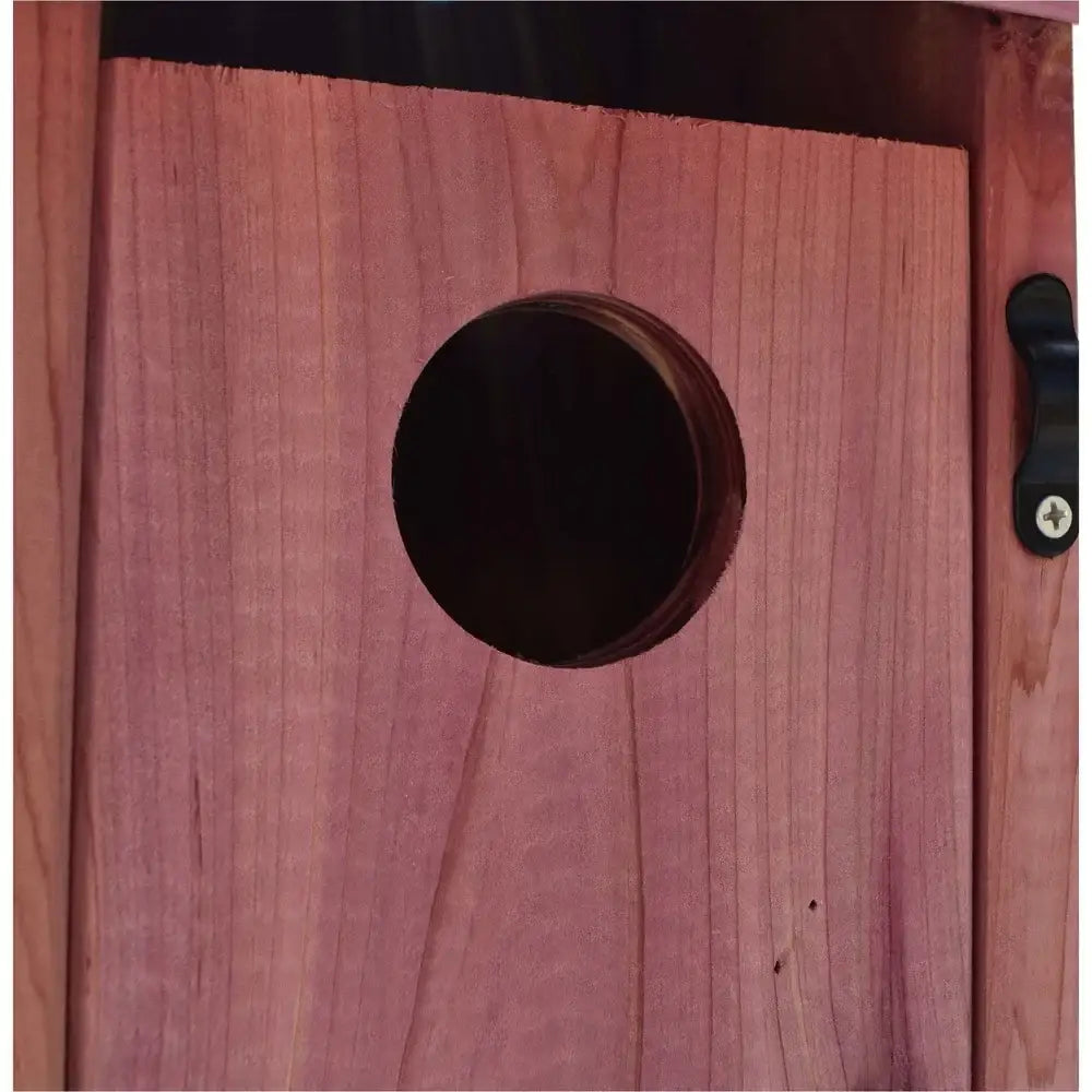 Decorbites red cedar bluebird house with circular entrance hole and black metal latch mounted on a pole