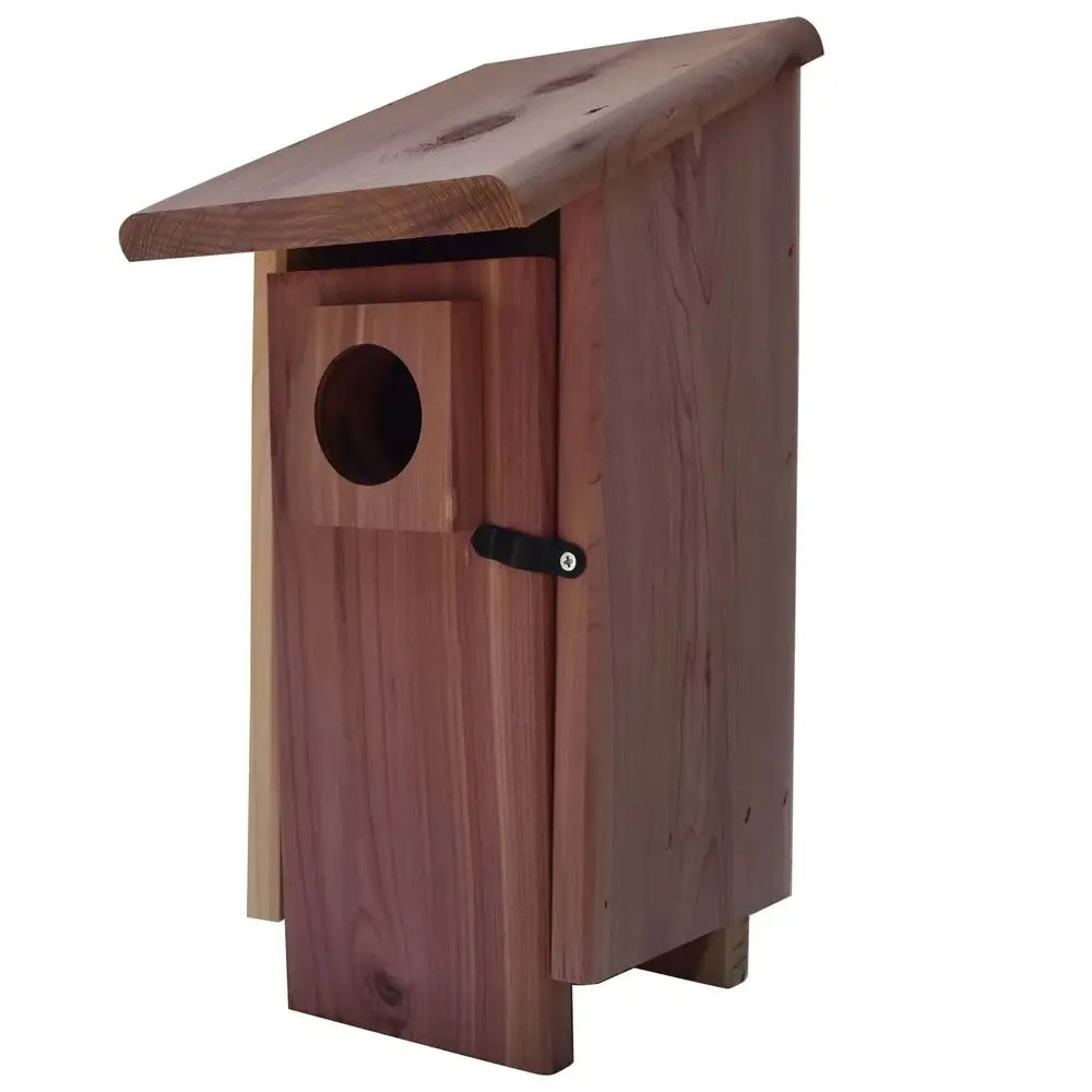Decorbites red cedar bluebird house with slanted roof circular entrance and black metal latch mounted on pole