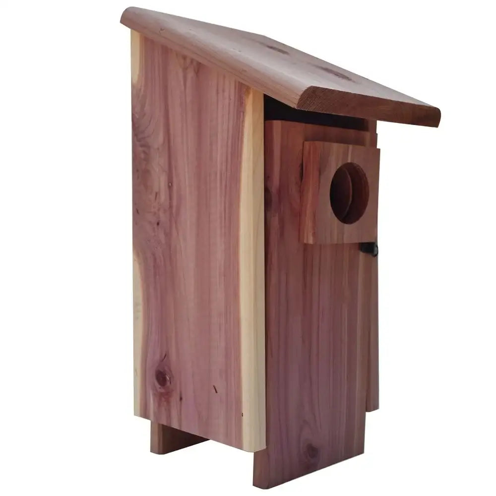 A rustic decorbites red cedar bluebird house with a slanted roof and circular entrance mounted on a pole