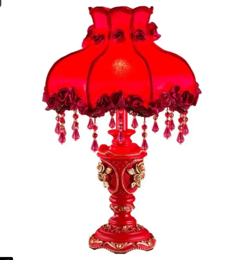 DecorBites™ red coloured classical table lamp with ornate gold floral base and ruffled fabric shade with pink crystals