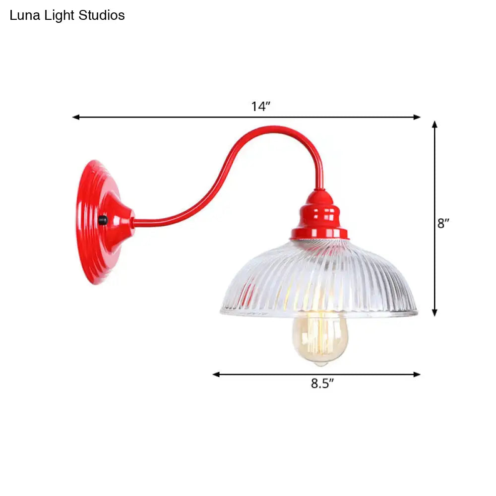 Vintage red metal wall sconce light with ribbed glass shade and exposed bulb for living room decor