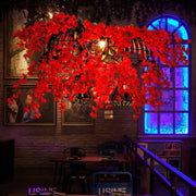 Decorbites red metal island ceiling light with vibrant red artificial flowers and black diamond cage industrial suspension lamp
