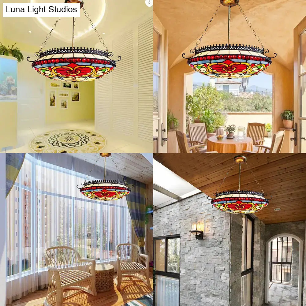Decorbites™ red stained glass victorian bowl chandelier with floral design in ornate black metal frame for living room