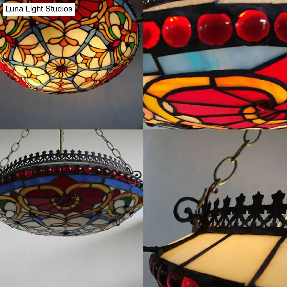 Decorbites red stained glass victorian bowl chandelier with ornate floral patterns and black wrought iron canopy light