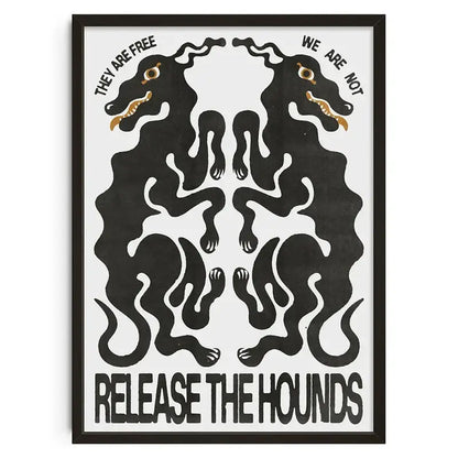 Black framed retro abstract canvas print featuring stylized hounds in black and gold with bold text for home decor