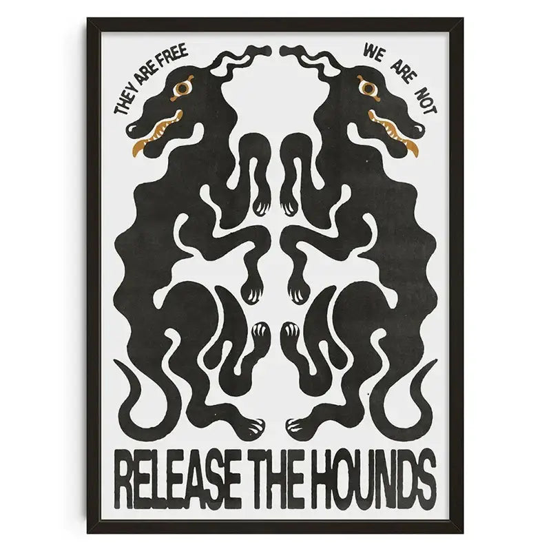 Black framed retro abstract canvas print featuring stylized symmetrical hounds with gold accents and bold text for home decor