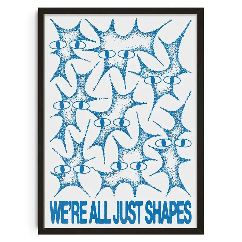 Decorbites™ retro abstract canvas print featuring blue dotted spiky shapes with eyes and we’re all just shapes text