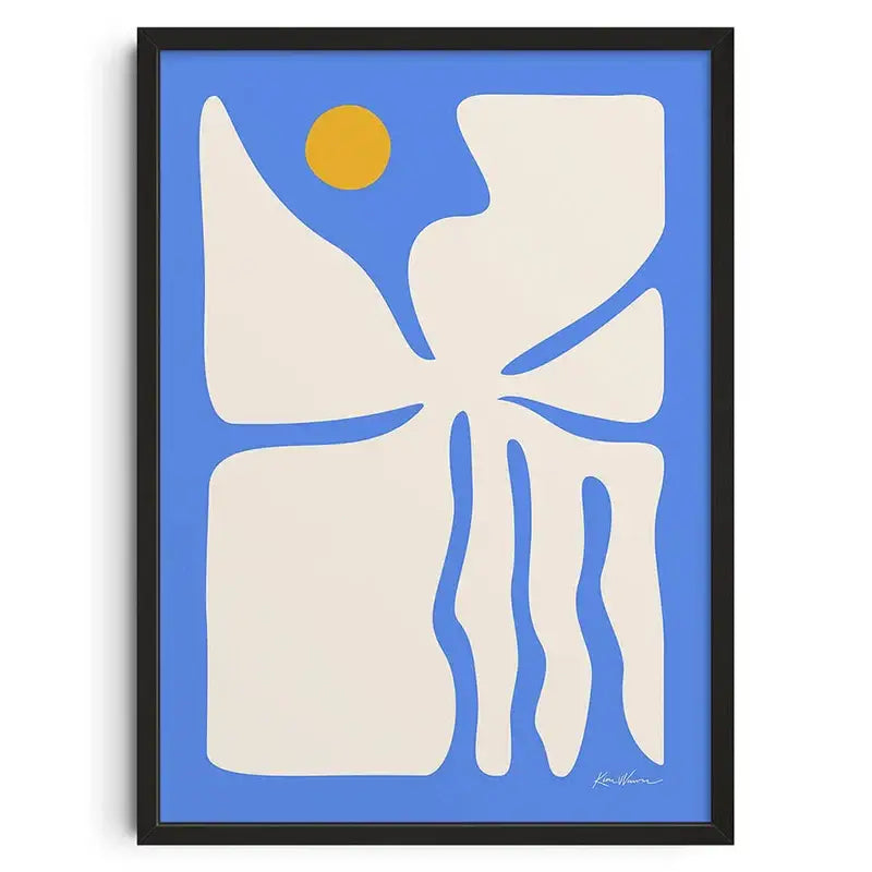 DecorBites™ retro abstract canvas print with blue frame cream organic shapes and yellow circle for home decor
