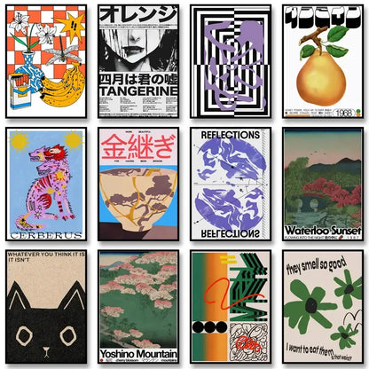 Collection of nine decorbites™ retro abstract canvas prints featuring bold graphics and vibrant purple and orange colors