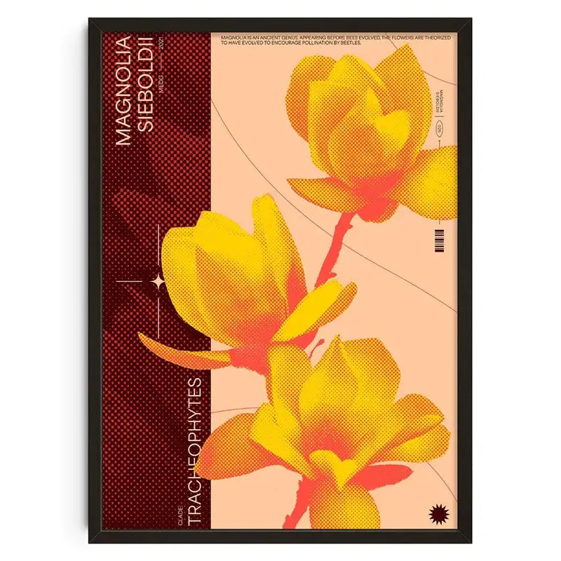 A framed DecorBites™ retro abstract canvas print featuring yellow and orange magnolia flowers on a peach background