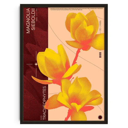 A framed DecorBites™ retro abstract canvas print featuring vibrant yellow and orange magnolia flowers on peach background