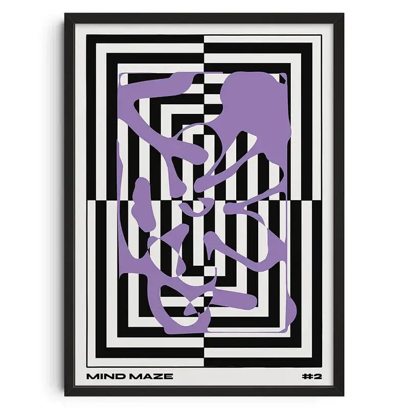 Framed retro abstract canvas print featuring bold black and white stripes with flowing purple shapes labeled mind maze #2