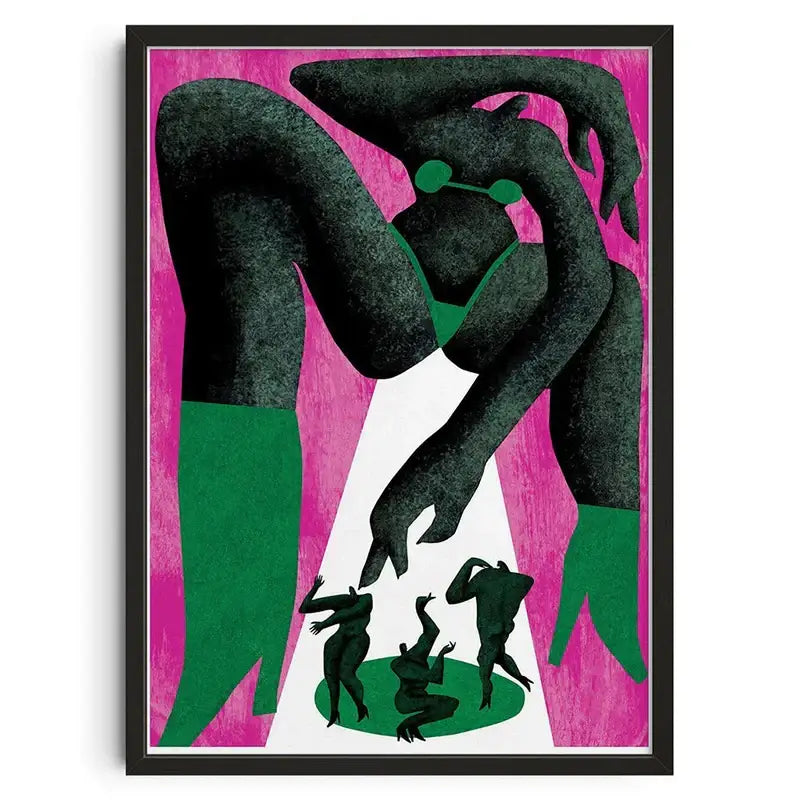 A framed DecorBites™ retro abstract canvas print with bold black and green silhouettes on a vibrant pink background