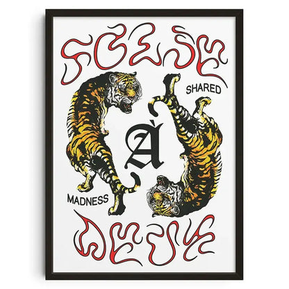 A framed decorbites™ retro abstract canvas print featuring two stylized orange and black tigers on white background
