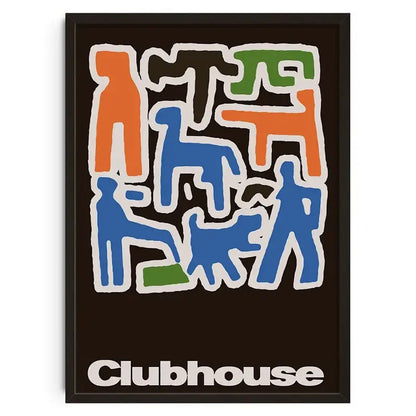 A framed DecorBites retro abstract canvas print with colorful orange blue and green figures on a dark brown background