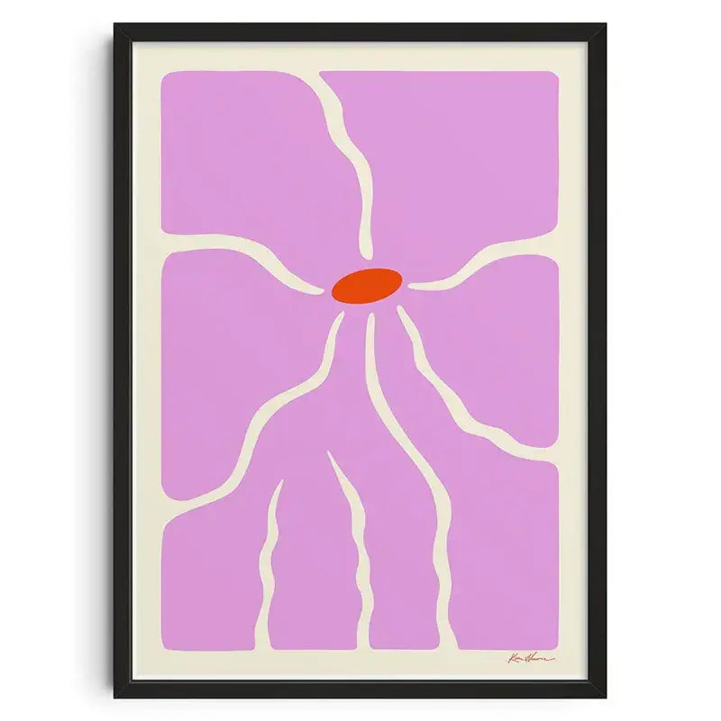 Decorbites™ retro abstract canvas print featuring a stylized purple flower in a sleek black frame for home decor
