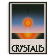 A framed retro abstract canvas print featuring an orange and blue stylized sunset with bold black text for home decor