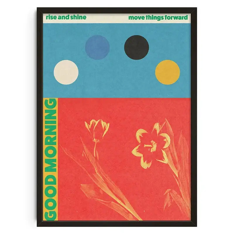 A framed DecorBites retro abstract canvas print with bold blue red design and stylized yellow flowers for home decor