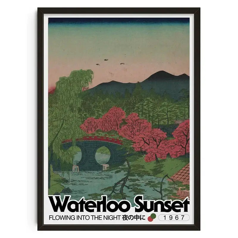 A framed DecorBites™ retro abstract canvas print featuring a vintage japanese landscape with cherry blossoms and mountains