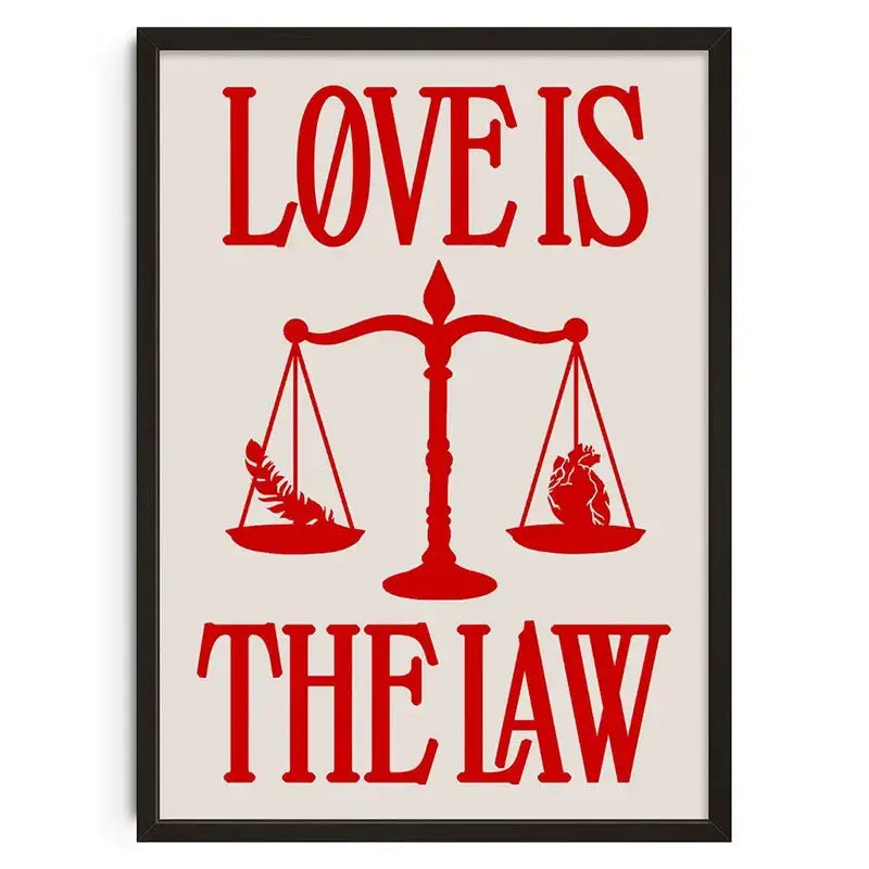 Red love is the law framed poster with scale and heart design on retro abstract canvas print by decorbites for home decor