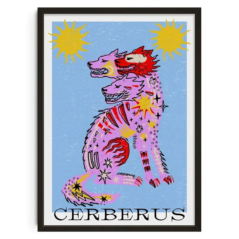 Decorbites™ retro abstract canvas print featuring a vibrant pink and red cerberus with three heads on light blue background