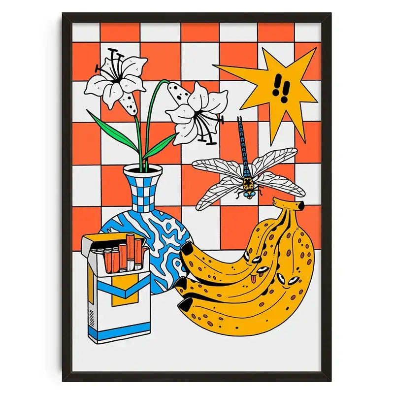 DecorBites™ retro abstract canvas print featuring a vibrant pop-art vase with lilies and bananas on checkered background