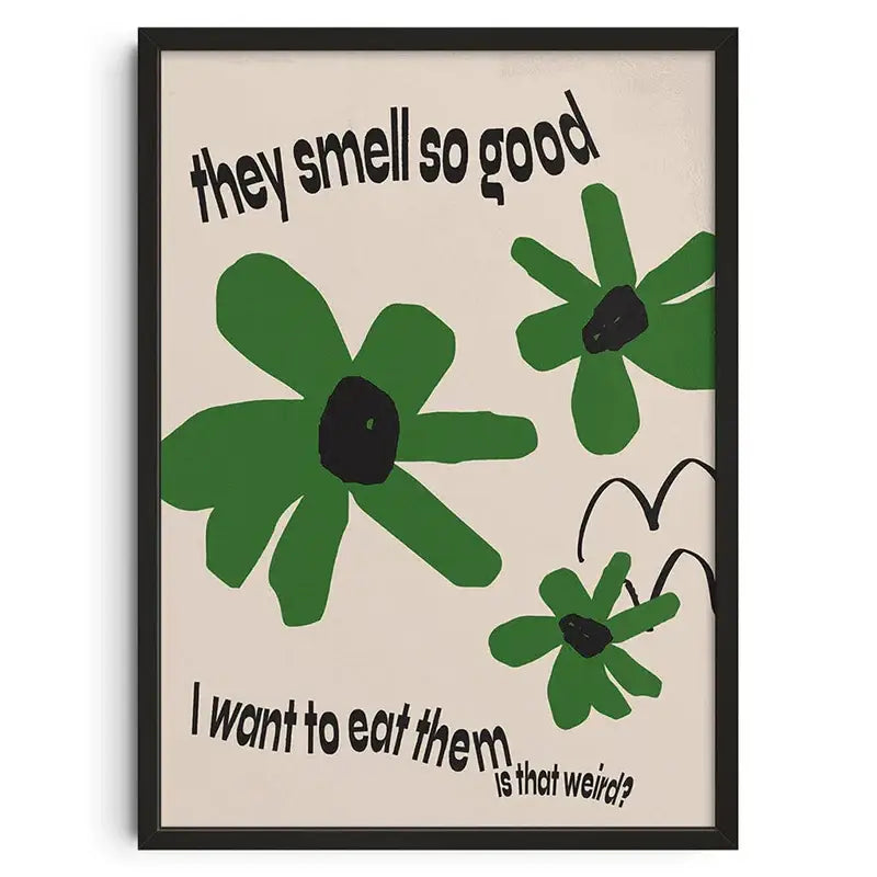 Beige framed DecorBites™ retro abstract canvas print featuring stylized green flowers with black centers and bold text