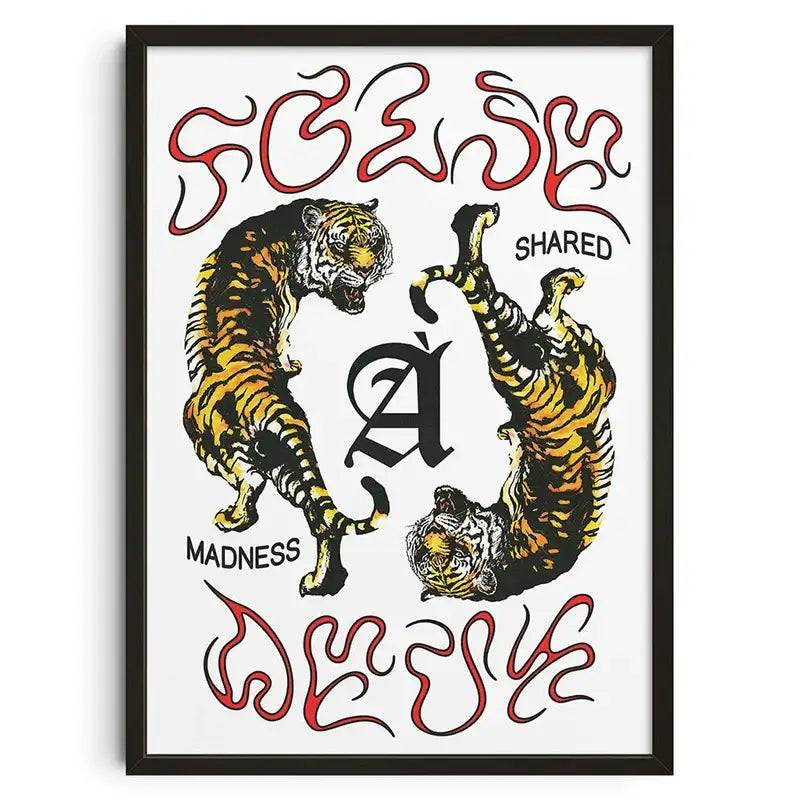 A decorbites™ retro abstract canvas print featuring two stylized tigers in bold orange and black stripes on white background