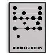 Decorbites™ retro abstract canvas print wall art featuring black minimalist circles and lines with audio station text on gray background