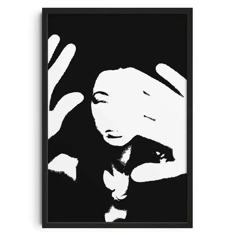 Black-framed decorbites™ retro abstract canvas print featuring a high-contrast white portrait on black background