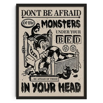 Black-framed retro abstract canvas print poster featuring vintage cartoon monster with bold motivational text decorbites™ wall art