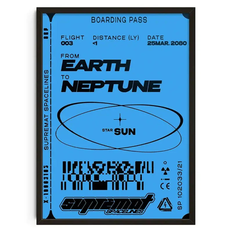 Blue framed decorbites™ retro abstract canvas print featuring a stylized boarding pass design from earth to neptune