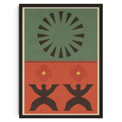 A framed decorbites™ retro abstract canvas print featuring green and orange minimalism with autumn equinox text