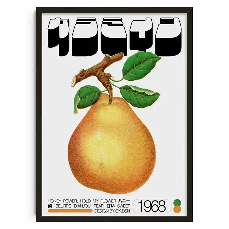 A framed decorbites™ retro abstract canvas print featuring a golden-yellow pear with green leaves on white background