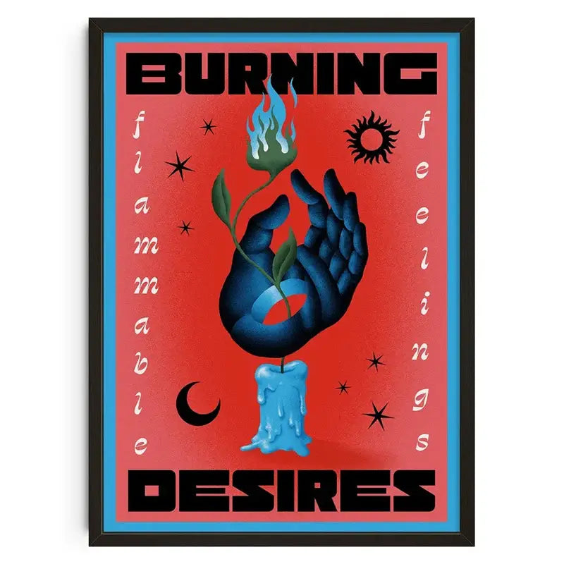 A DecorBites™ retro abstract canvas print wall art featuring a blue hand and green flame on vibrant red background