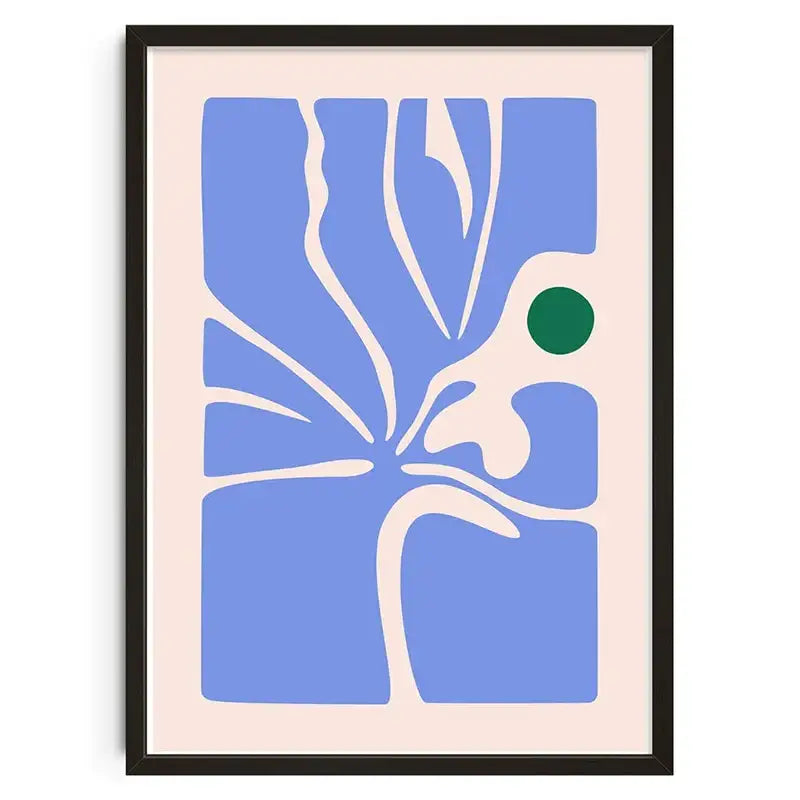 DecorBites™ retro abstract canvas print featuring a minimalist blue and cream floral design with green accent