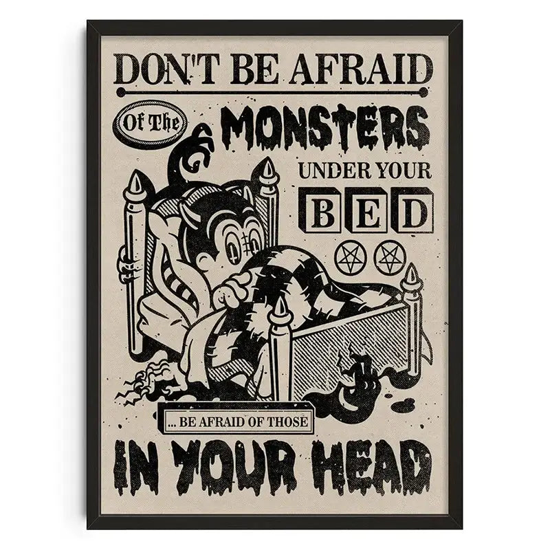 Black-framed retro abstract canvas print featuring a vintage cartoon monster with bold text from decorbites home decor