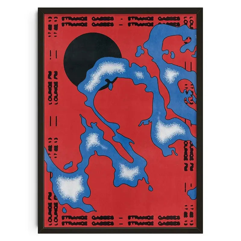 Decorbites™ retro abstract canvas print featuring bold red background with blue and white splashes and black circular design framed in black