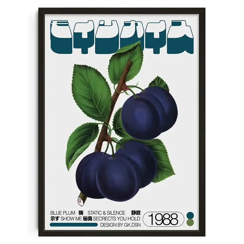 A framed decorbites™ retro abstract canvas print featuring dark blue plums and green leaves on a light background