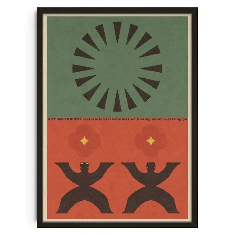 A framed decorbites retro abstract canvas print featuring green and orange halves with silhouetted figures and autumn text