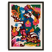 Decorbites™ retro abstract canvas print wall art featuring vibrant floral and animal motifs in bold colors in black frame