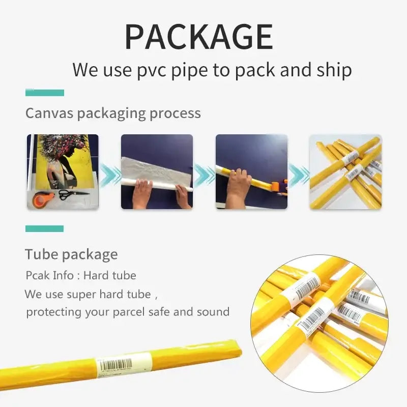 Yellow pvc pipe packaging tubes with white labels and barcodes for decorbites retro abstract canvas print wall art