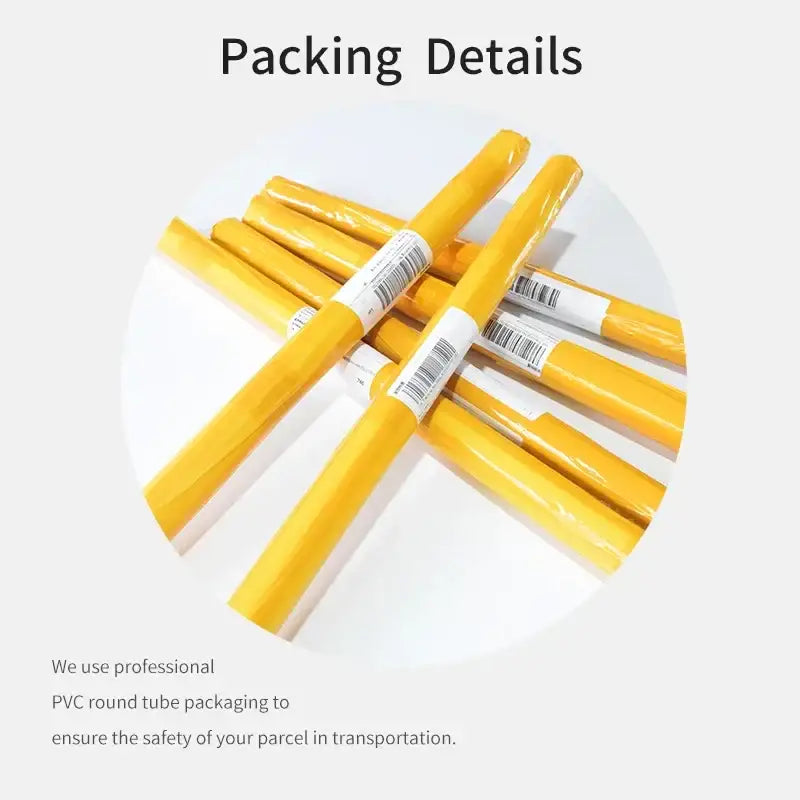 Yellow pvc round tubes wrapped in clear plastic with white barcode labels for decorbites™ retro abstract canvas print wall art