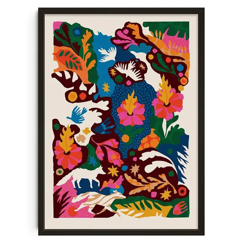 DecorBites™ retro abstract canvas print wall art in black frame with bold floral and animal motifs in vibrant colors