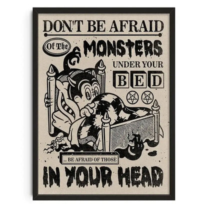Black and cream canvas print wall art featuring a retro abstract cartoon monster under the bed by decorbites